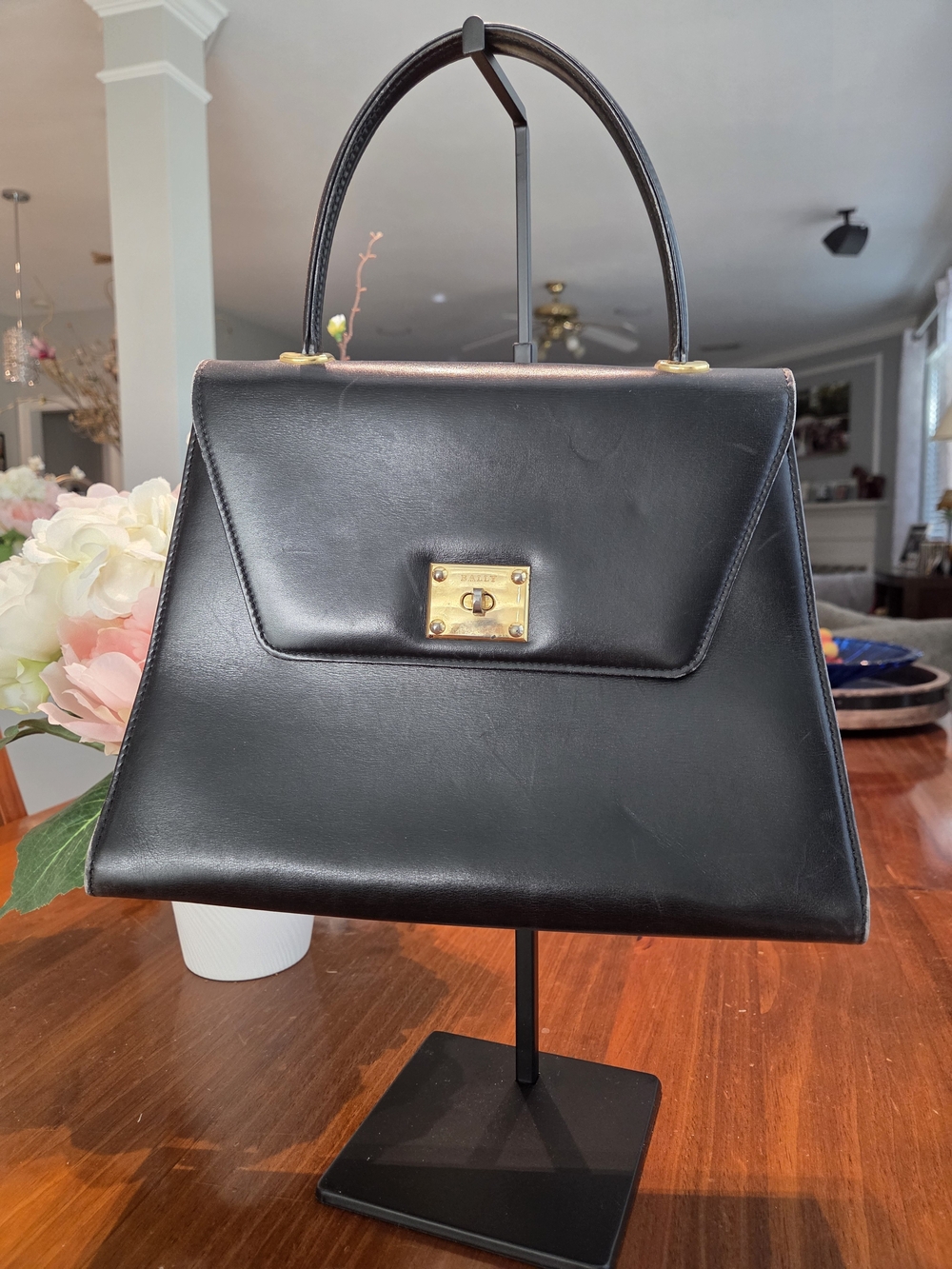 Bally Classic Black Leather Top-Handle Bag with Gold Hardware